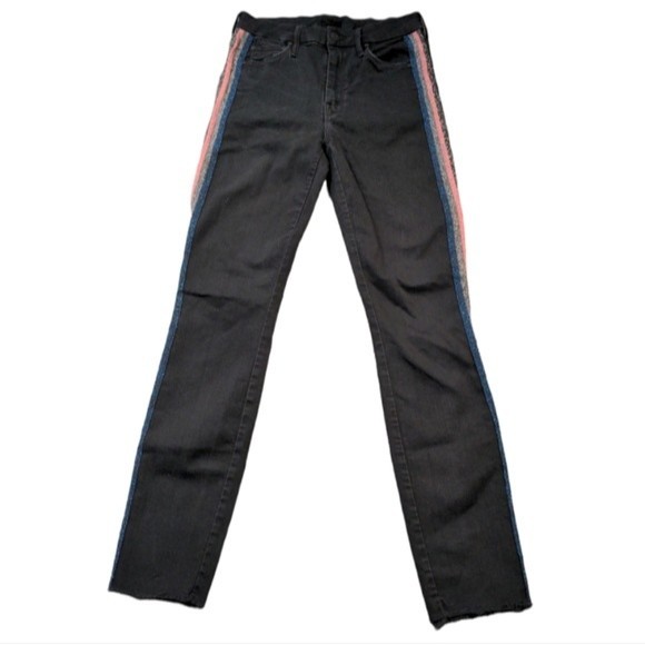 Mother High Waisted Looker Ankle Fray Guilty Glitter Racer Stripe Skinny Size 25 - Picture 1 of 16